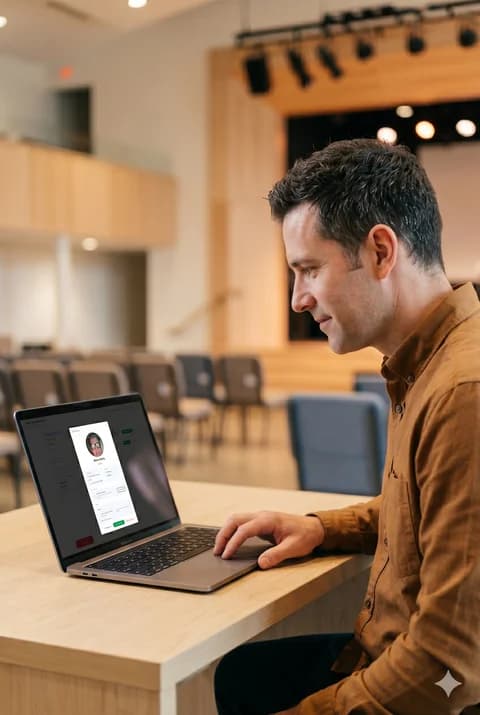 A section leader approving a registered voter from the Synod dashboard on a laptop.