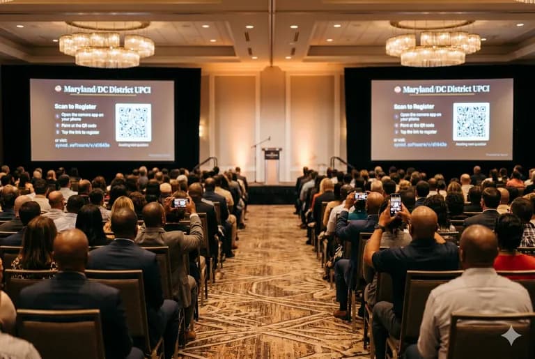 A conference assembly scanning the registration QR code shown on the room’s display screens.