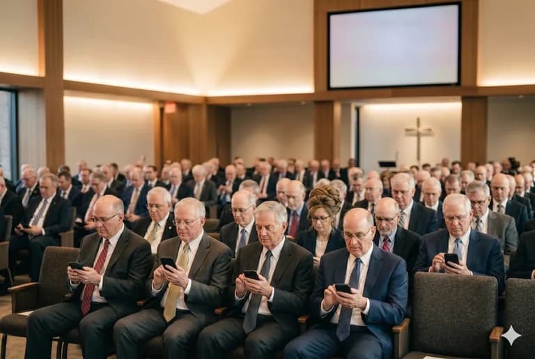 A church district conference in session, with the assembly seated and the room display at the front.